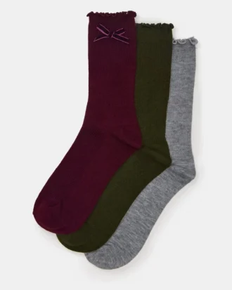3-pak skarpetek Folly Velvet Bow Rib Crew w kolorze wiśniowym