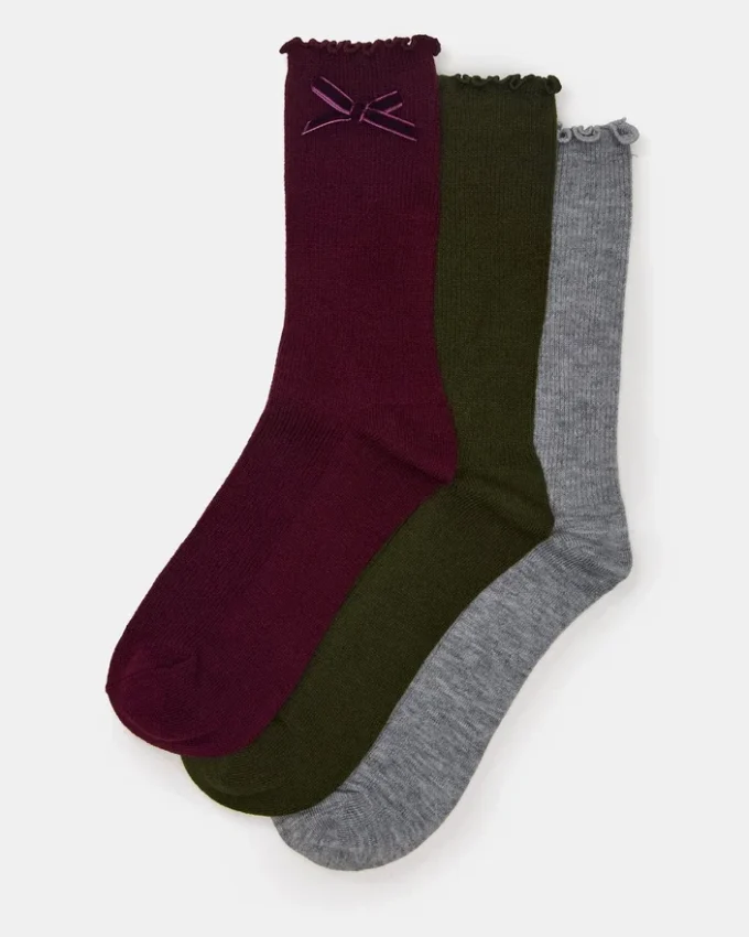 3-pak skarpetek Folly Velvet Bow Rib Crew w kolorze wiśniowym