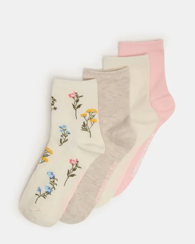 4-pak skarpetek w kwiaty w kolorze kości słoniowej