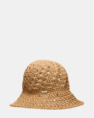 Słomkowy kapelusz typu bucket w stylu boho w kolorze jasnobrązowym
